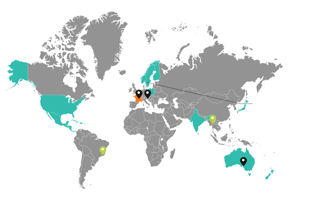 Sweden map with Lumibird main presence points and local address