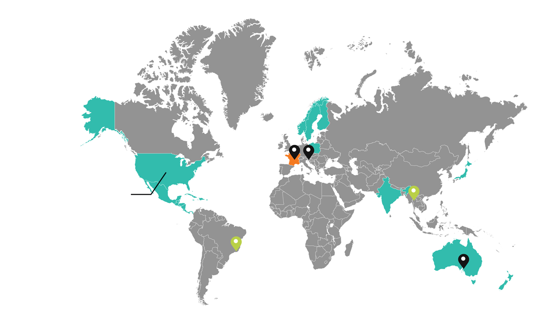 United States map with Lumibird main presence points and local address