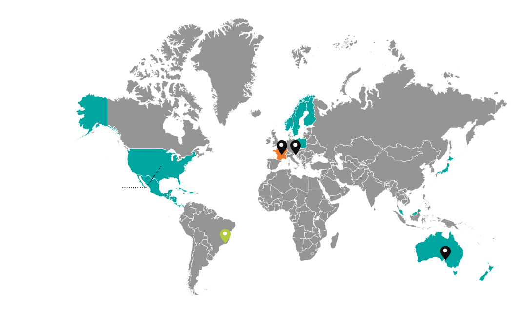 United States map with Lumibird main presence points and local address